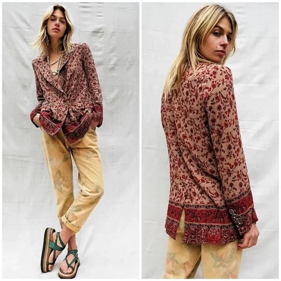 Free People Bellflower Blazer lightweight rayon linen jacket size XS red/tan - Picture 1 of 7